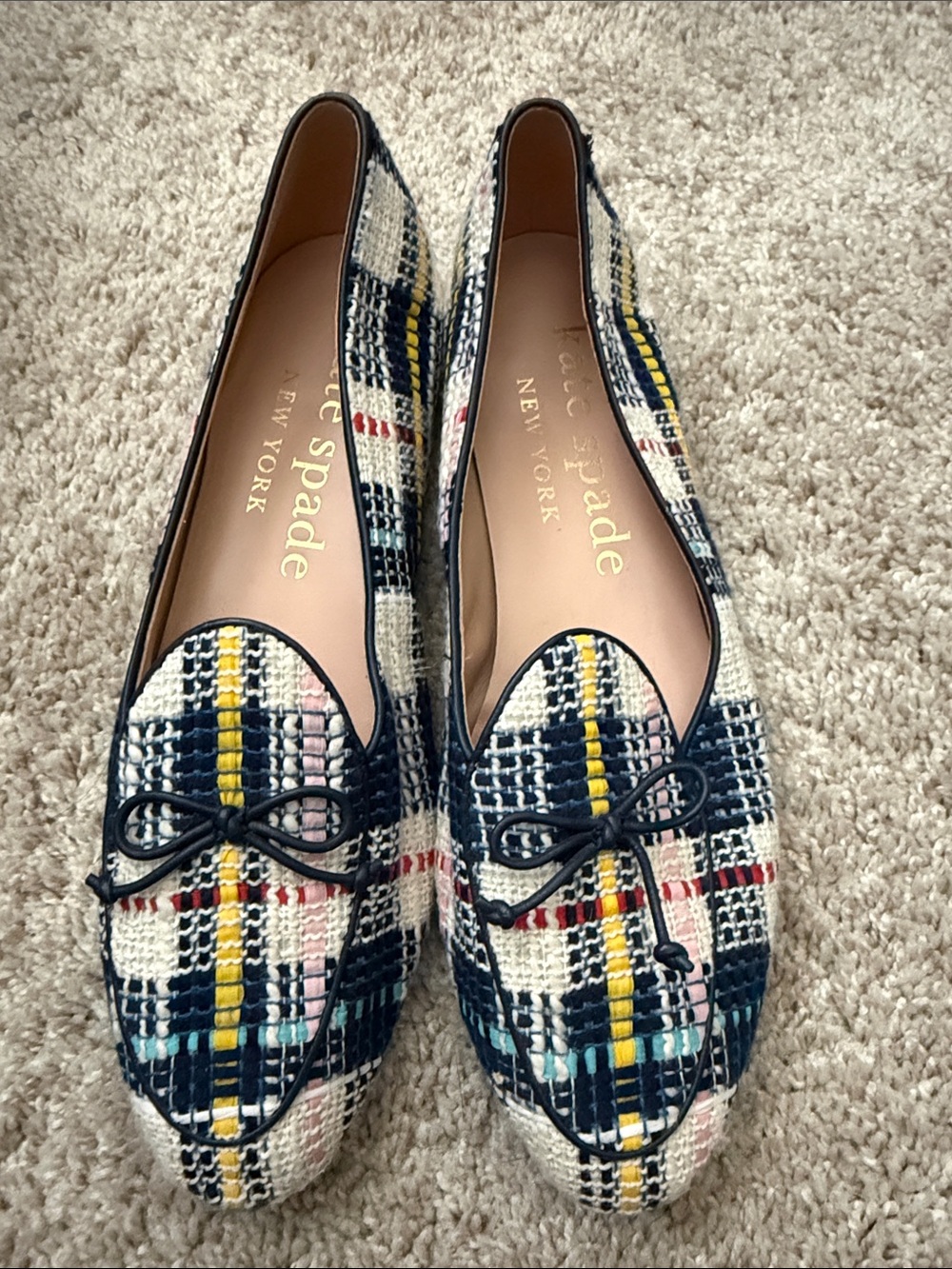 kate spade Navy Multicolor Plaid Tweed Loafers